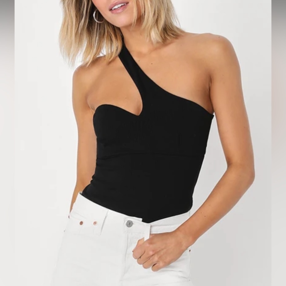 🖤NWT Lulus Black Ribbed One-Shoulder Asymmetrical Bodysuit🖤 Size Small